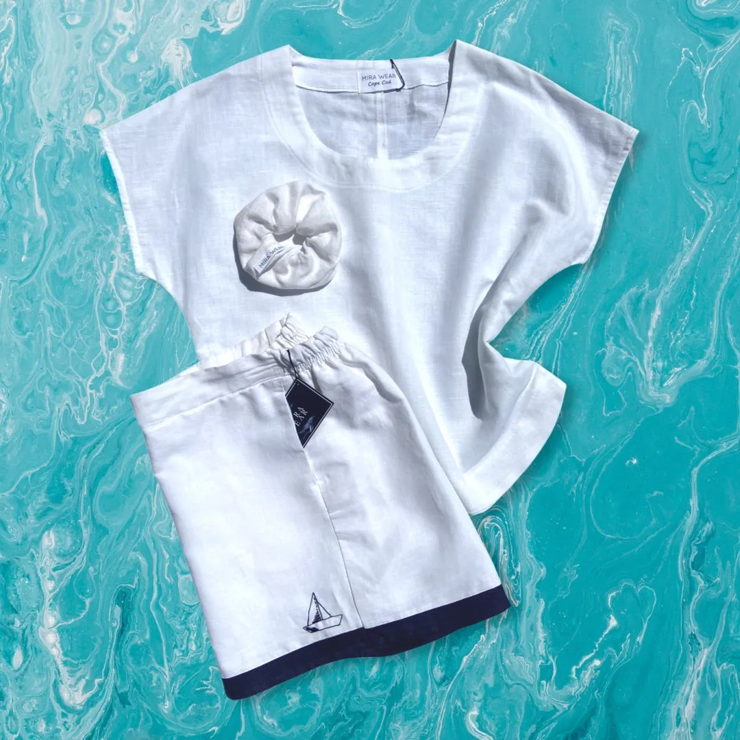 White Linen High Waisted Shorts with Hand Embroidered Sailboat Detail