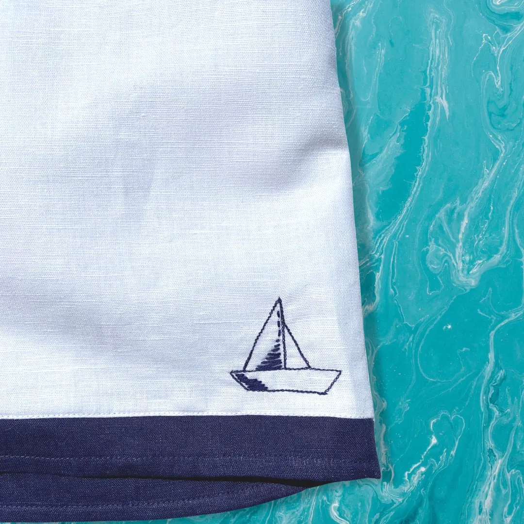 White Linen High Waisted Shorts with Hand Embroidered Sailboat Detail