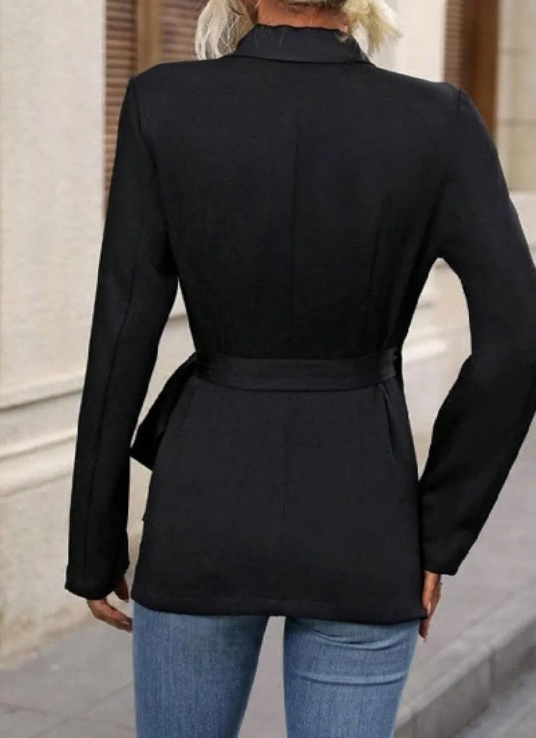 Women's Casual Black Plain Belted Blazer Lapel Long Sleeve Work Office Wrap Blazer Jackets