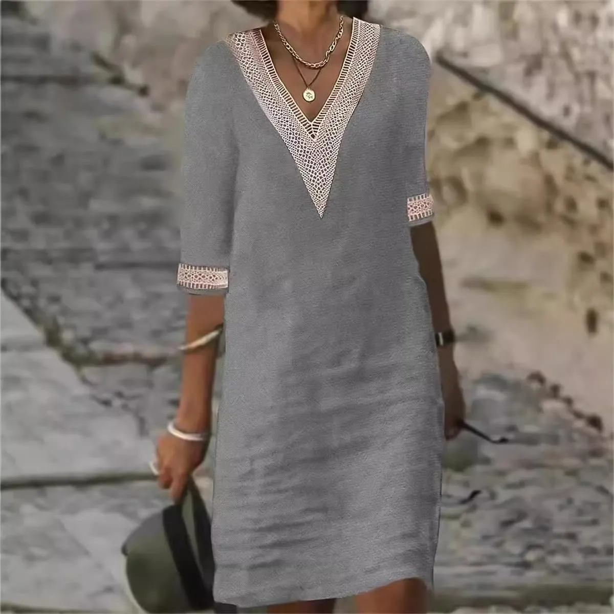 Womens Cotton Linen Midi Dress Casual Loose Half Sleeve Knee Length Dress Solid A-line Lace Trim Summer Beach Dresses