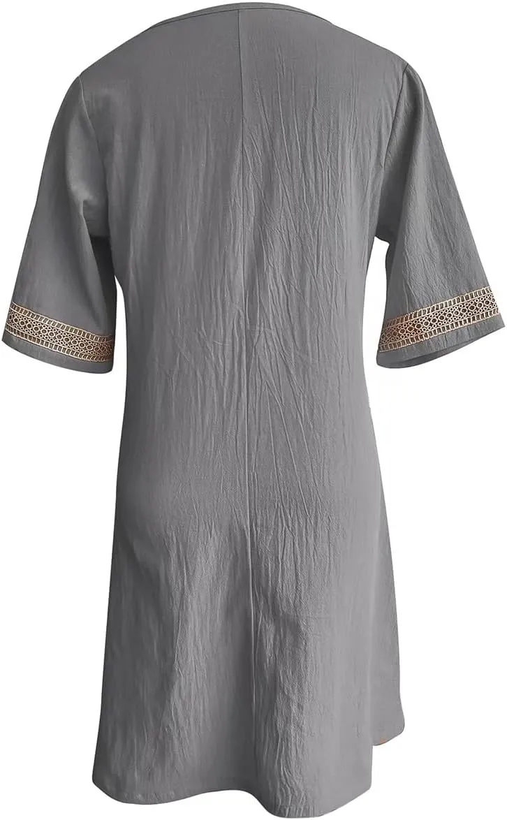 Womens Cotton Linen Midi Dress Casual Loose Half Sleeve Knee Length Dress Solid A-line Lace Trim Summer Beach Dresses