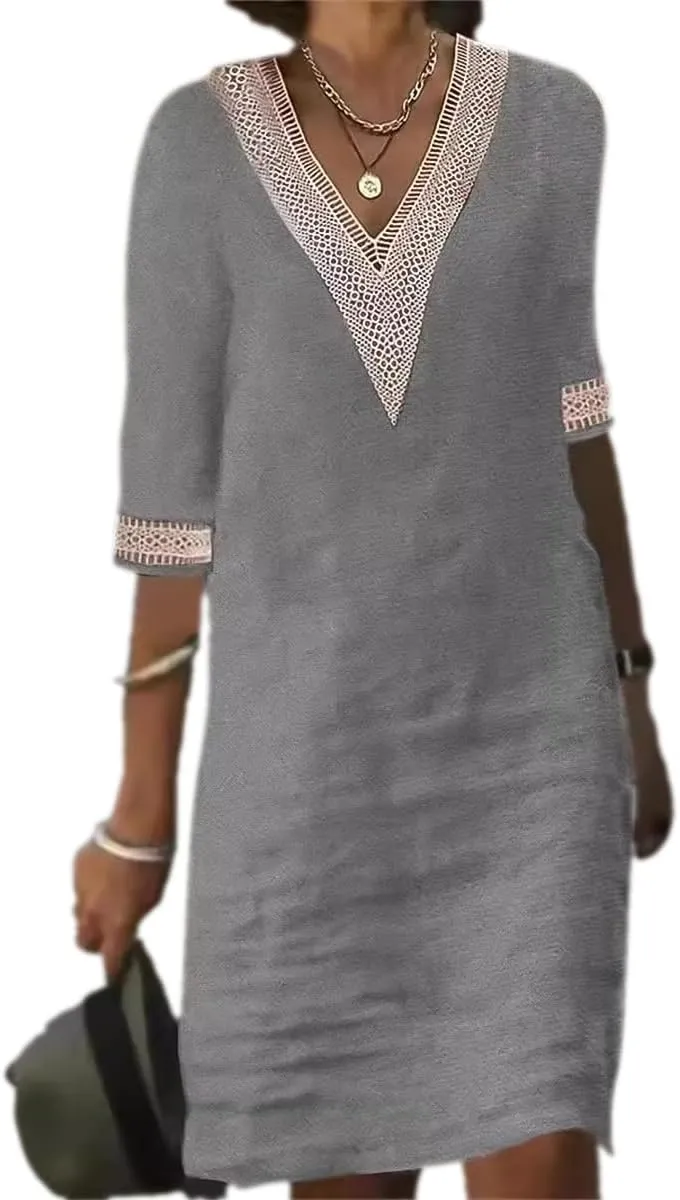 Womens Cotton Linen Midi Dress Casual Loose Half Sleeve Knee Length Dress Solid A-line Lace Trim Summer Beach Dresses