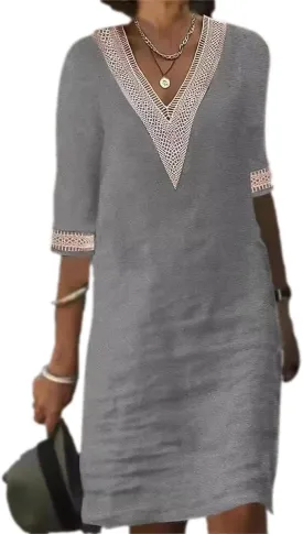 Womens Cotton Linen Midi Dress Casual Loose Half Sleeve Knee Length Dress Solid A-line Lace Trim Summer Beach Dresses