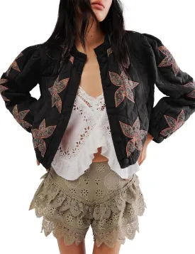 Womens Floral Quilted Puffer Jacket Lightweight Cropped Embroidered Button Down Jacket Padded Coats with Pockets