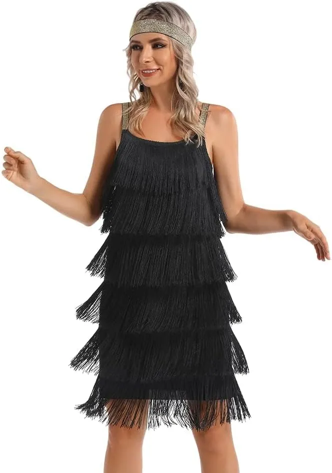Women's Great Gatsby Flapper Spaghetti Tassel Dress with Headband, 20s Elegant Mini Dress Party Accessory COSTUME OUTFIT (XXXL, Black)