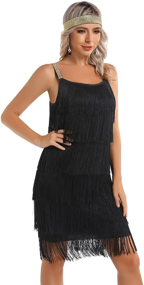 Women's Great Gatsby Flapper Spaghetti Tassel Dress with Headband, 20s Elegant Mini Dress Party Accessory COSTUME OUTFIT (XXXL, Black)