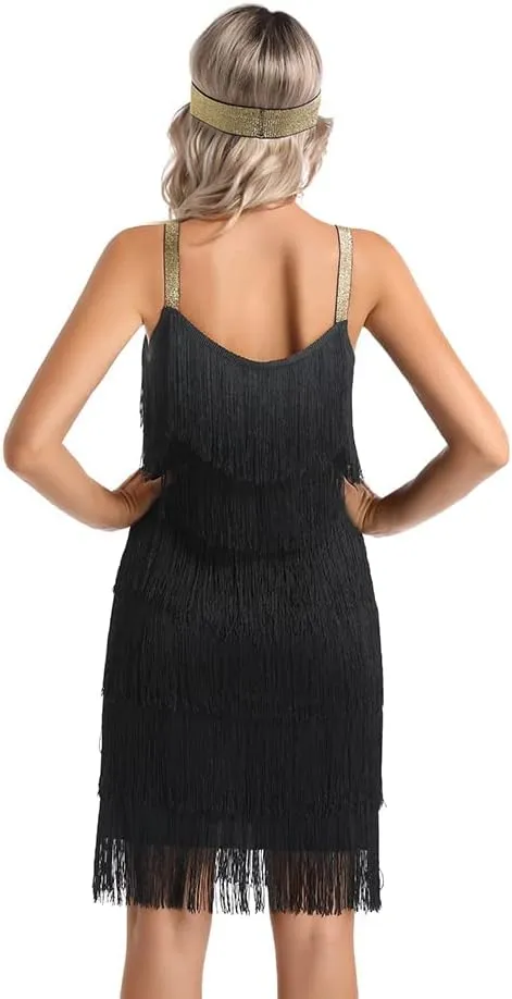 Women's Great Gatsby Flapper Spaghetti Tassel Dress with Headband, 20s Elegant Mini Dress Party Accessory COSTUME OUTFIT (XXXL, Black)