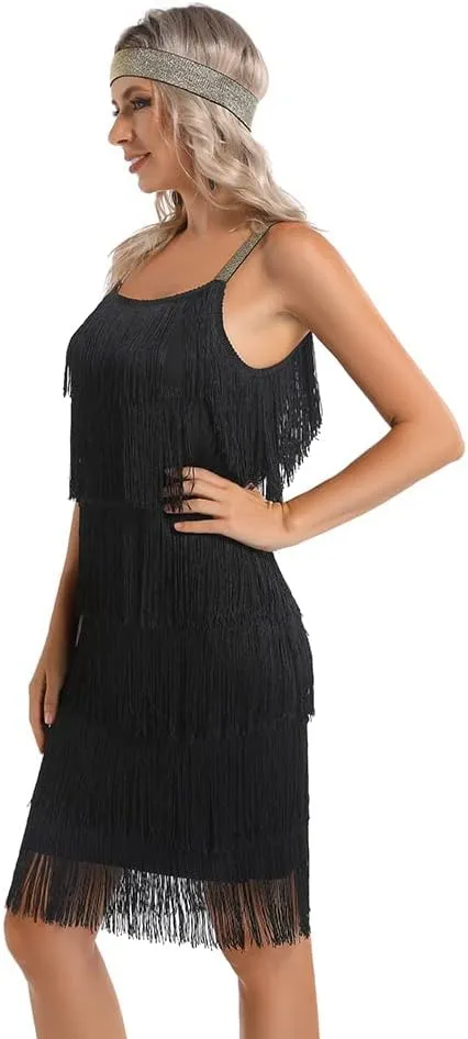 Women's Great Gatsby Flapper Spaghetti Tassel Dress with Headband, 20s Elegant Mini Dress Party Accessory COSTUME OUTFIT (XXXL, Black)