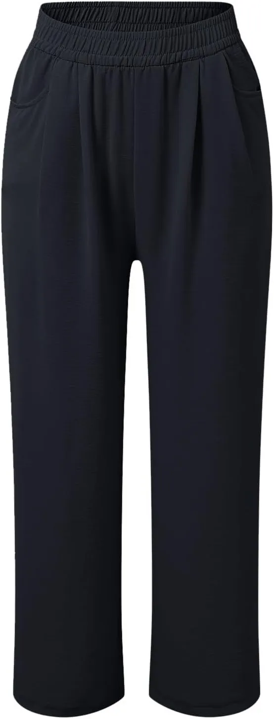 Women's High Waisted Wide Leg Casual Pants Elastic Waist Flowy Loose Trousers Pure Color Comfortable Vacation