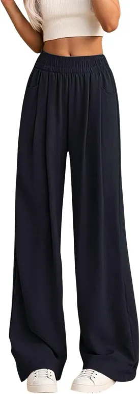 Women's High Waisted Wide Leg Casual Pants Elastic Waist Flowy Loose Trousers Pure Color Comfortable Vacation