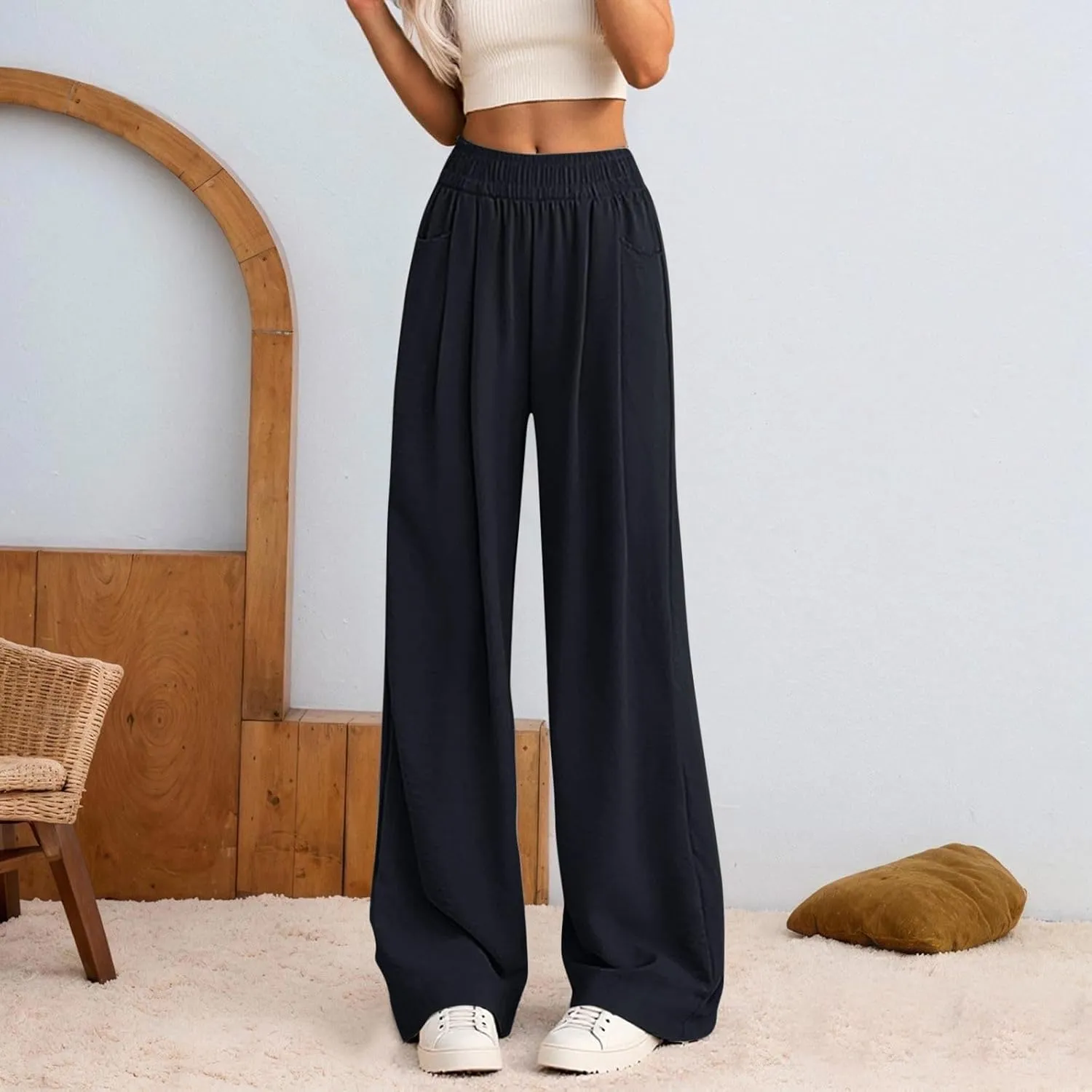 Women's High Waisted Wide Leg Casual Pants Elastic Waist Flowy Loose Trousers Pure Color Comfortable Vacation