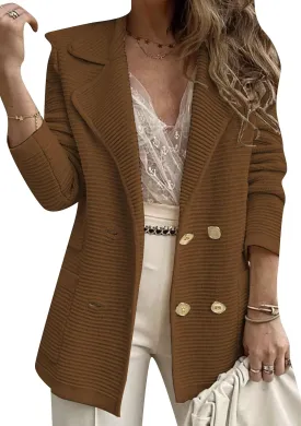 Womens Long Sleeve Tweed Double Breasted Blazer Jackets Lapel Ribbed Open Front Fall Blazers Coats with Pockets