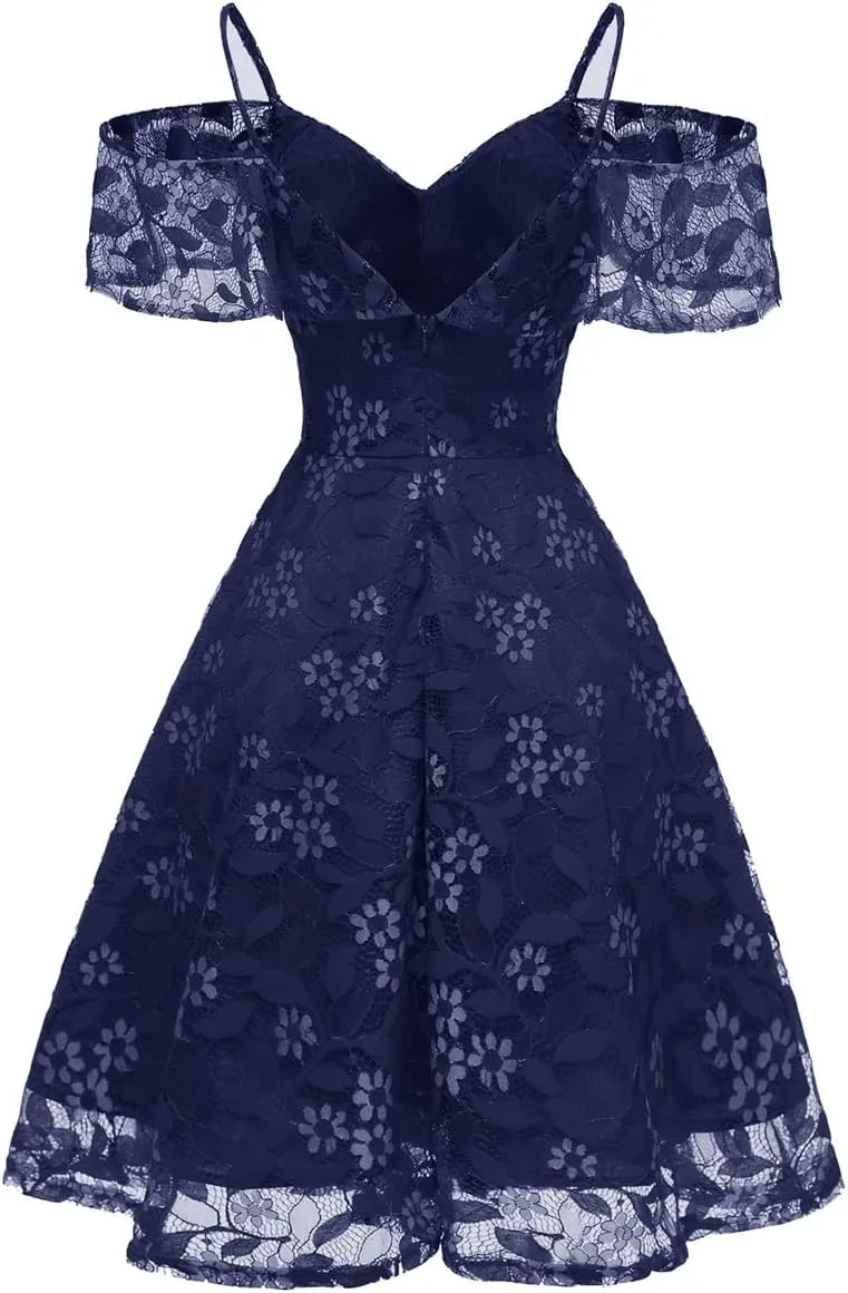 Womens Vintage Lace Floral Wedding Party Dress Short Aline Cocktail Swing Dress Spaghetti Strap Bridesmaid Sundress
