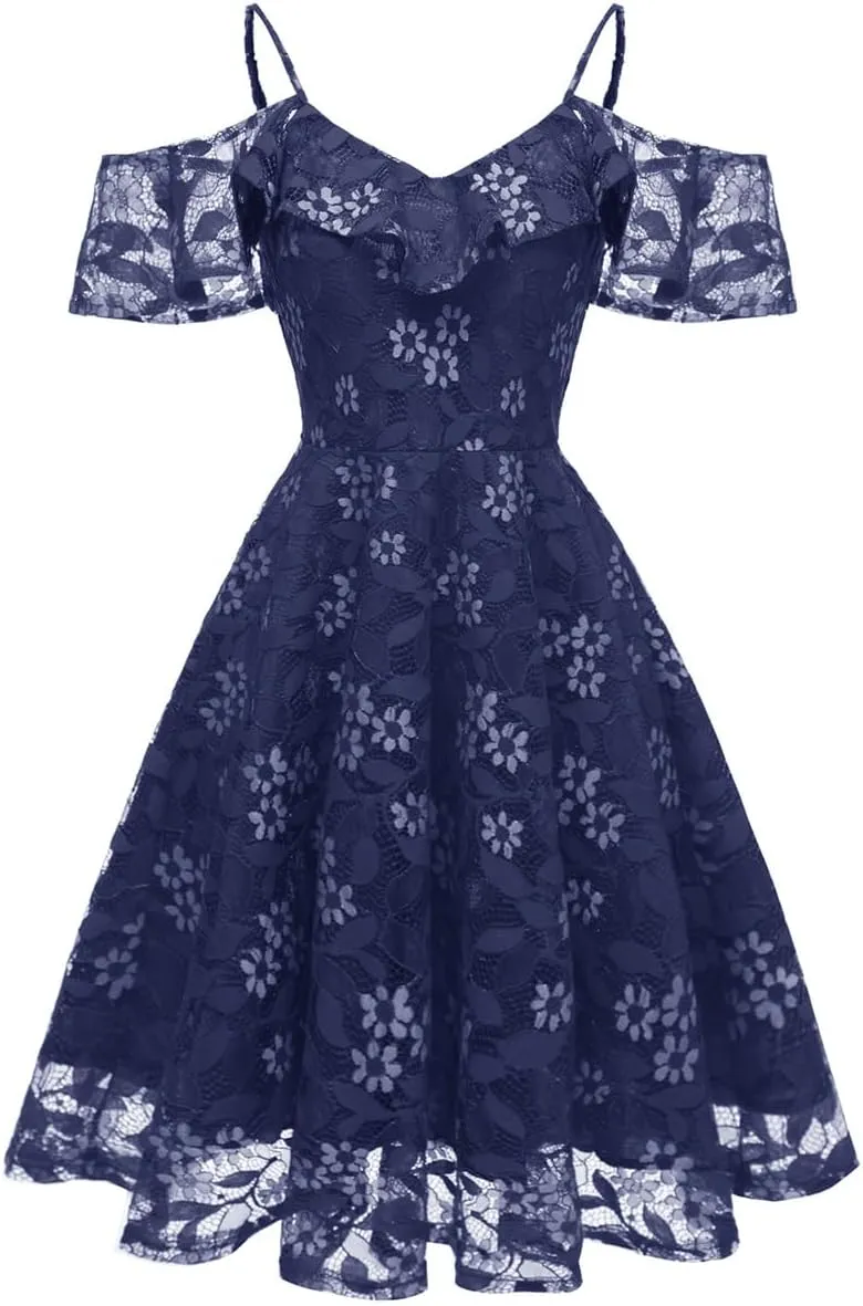 Womens Vintage Lace Floral Wedding Party Dress Short Aline Cocktail Swing Dress Spaghetti Strap Bridesmaid Sundress