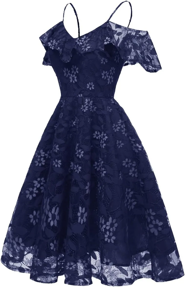 Womens Vintage Lace Floral Wedding Party Dress Short Aline Cocktail Swing Dress Spaghetti Strap Bridesmaid Sundress