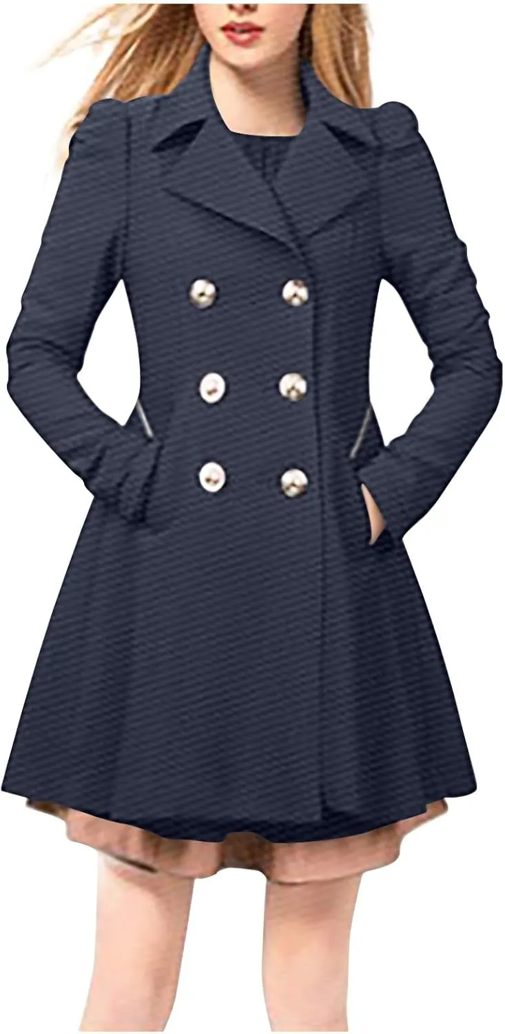 yardsong Womens Trendy Pea Coats Double Breasted Business Casual Trench Coats Notched Lapel Collar Long Sleeve Swing Jackets